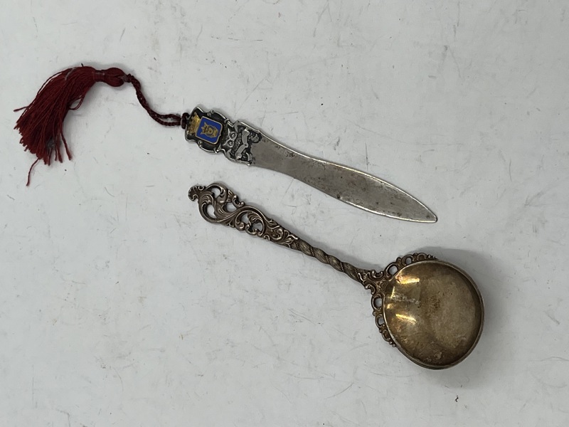 Sølvskje + sølv brevåpner