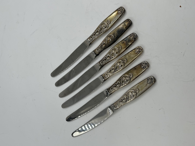 Sølv- 6 stk Kniver i dobbel rokokko