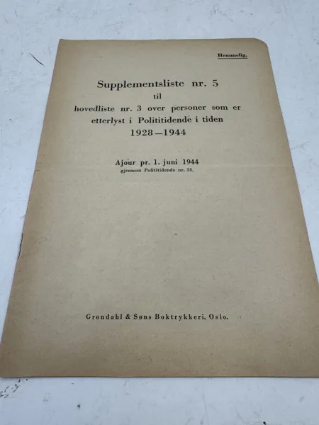 Sjelden liste fra 2v krig 1944 0ver etterlyste
