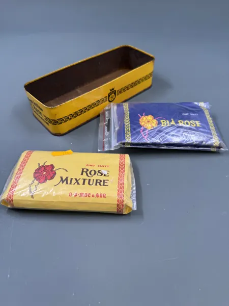 Blikkeske -Rose tobakk + 2pk tobakkk -blå m/ innhold- gul er utstillings pakke