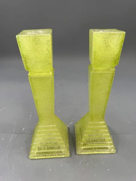 Vintage art deco stil- 2 stk Pressglasslysestaker m/ mikrobobler i glasset